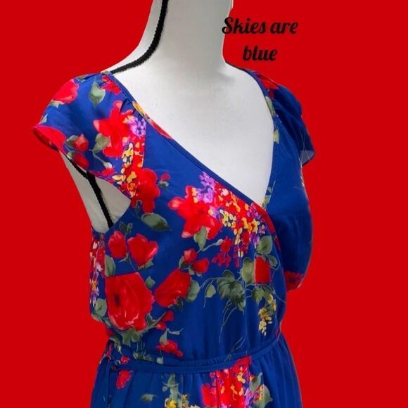 SKIES ARE BLUE NWT DRESS FLORAL PRINT WRAP RUFFLED SPAGHETTI STRAPS SMALL COBALT - Picture 4 of 13